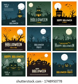 Happy halloween concept on orange, blue and green background, vector illustration