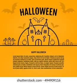 Happy halloween concept orange background with bats moon cauldron pumkin coffin graves castle church. Vector design for web page graphics, wallpaper. 31 october in outline style. Place for your text.