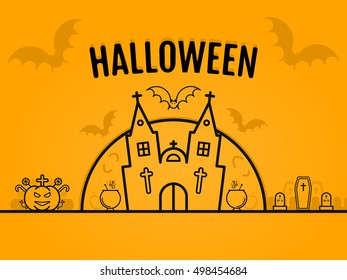 Happy halloween concept orange background with bats moon cauldron pumkin coffin graves castle church. Vector design for web page graphics, wallpaper. 31 october in outline style. Place for your text.