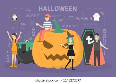 Happy Halloween concept. Happy people in horror costumes celebrate holiday. Scary pumpkin and black coffin. Funny decoration. Flat vector illustration