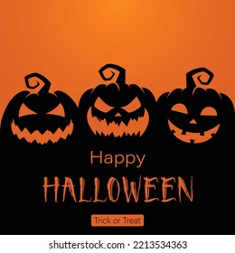 Happy halloween concept of pumpkin on the grass ground with spooky happy halloween caption situated on dark orange background vector image.