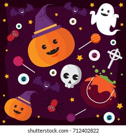 Happy Halloween Concept Pumpkin Witch Hat and Ghost skull