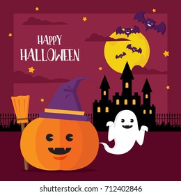 Happy Halloween Concept Pumpkin Witch Hat and Ghost in Castle