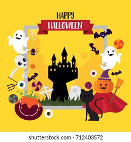 Happy Halloween Concept Pumpkin witch Hat and Ghost in Castle set illustrations