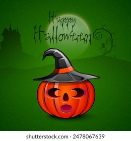 Concepto de Halloween feliz con calabaza aterradora en sombrero de bruja sobre fondo verde de luna llena.