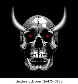  Happy Halloween concept. Scary skull mask. Angel of death with glowing red eyes on dark background with space for text. Scary skeleton ghost.
Horned demon illustration looking at you.