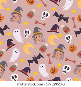 Happy-Halloween-Konzept. Nahtloses Muster der halloween Attribute. Schöne Illustrationen eines schrecklichen und beängstigenden Urlaubs. Doodle Zeichnen, Vektorgrafik von Halloween-Attributen.