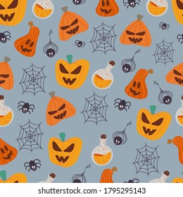 Happy halloween concept. Seamless pattern of pumpkins. Beautiful illustrations of a terrible and frightening holiday. Doodle drawing vector illustration of halloween attributes.