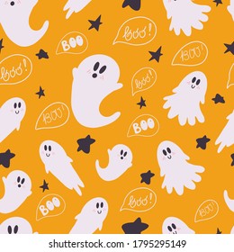 Happy halloween concept. Seamless pattern of ghosts. Beautiful illustrations of a terrible and frightening holiday. Doodle drawing vector illustration of halloween attributes.