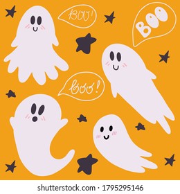 Happy halloween concept. Set of ghosts. Beautiful illustrations of a terrible and frightening holiday. Doodle drawing vector illustration of halloween attributes.