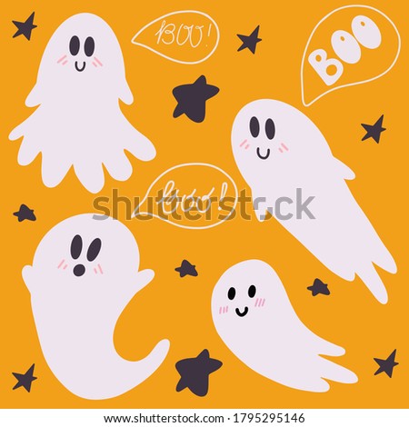 Happy halloween concept. Set of ghosts. Beautiful illustrations of a terrible and frightening holiday. Doodle drawing vector illustration of halloween attributes.