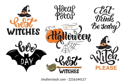 Happy Halloween concept. Set of holiday quotes: hocus pocus, boo, best witches, happy halloween. Vector illustration of pumpkin, witch hat, bat. Hand lettering typography, brush calligraphy
