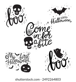 Feliz concepto de Halloween. Conjunto de citas de vacaciones: feliz halloween. Ilustración vectorial de calabaza, sombrero de bruja, bate. Tipografía con letras a mano, caligrafía de pincel