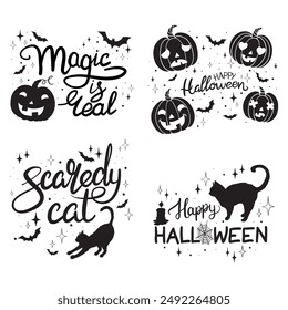 Happy Halloween concept. Set of holiday quotes:  happy halloween. Vector illustration of pumpkin, witch hat, bat. Hand lettering typography, brushcalligraphy