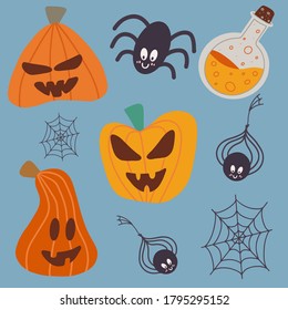 Happy halloween concept. Set of pumpkins. Beautiful illustrations of a terrible and frightening holiday. Doodle drawing vector illustration of halloween attributes.