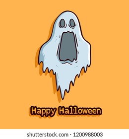 happy halloween concept with shocked ghost expression on orange background