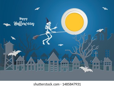 HAPPY HALLOWEEN concept Skeletons riding a broom on  the sky go to HALLOWEEN party night,vector and illustration.