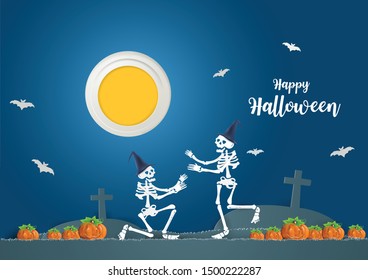 HAPPY HALLOWEEN concept with Skeletons Show the Love on the grave before go to party at night,paper craft and illustration.