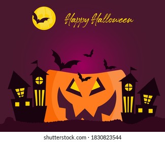 Happy Halloween concept. There are ghost castle with many bats fly at the full moon. Cartoon vector style for your design.