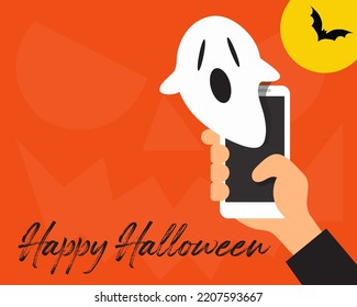 Happy Halloween concept. There is white ghost from mobile phone with orange pumpkin background. cartoon vector style for your design.