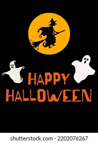Happy Halloween concept vector. Flying witch with broom and white ghosts. Vertical design can be used as social media post, website banner, poster, brochure, greeting card, flyer.