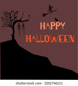 Happy Halloween concept vector. Hanging skeletons on tree and flying witch with broom. Vertical design can be used as social media post, website banner, poster, brochure, greeting card, flyer.