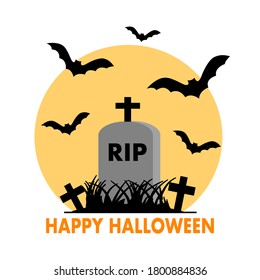 Happy Halloween concept vector illustration on white background. Grave with cross and flying bats in flat design.