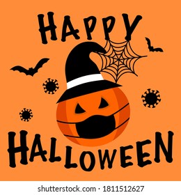Happy Halloween concept vector illustration on orange background. Pumpkin wearing face mask and hat with flying bats and spider web in flat design.