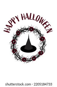 Happy Halloween concept vector. Witcher hat and door decoration ornament. Vertical design can be used as social media post, website banner, poster, brochure, greeting card, flyer.