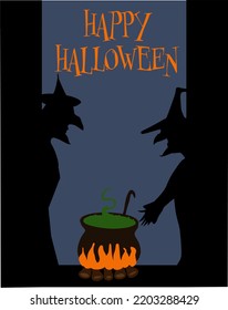 Fröhlicher Halloween-Konzeptvektor. Hexen und Hexenkessel. Design kann als Social-Media-Post, Website-Banner, Poster, Broschüre, Grußkarte, Flyer verwendet werden.