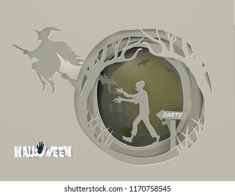 HAPPY HALLOWEEN concept with Witches riding brooms on the gray sky and Zombies walk out of the grave go to the party,paper craft  and illustration style
