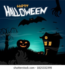 Happy Halloween concept. Zombies, bats, spiders, pumpkins and 
scary witch house.