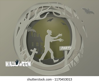 HAPPY HALLOWEEN concept with Zombies walk out of the gray grave go to night party,paper craft  and illustration style