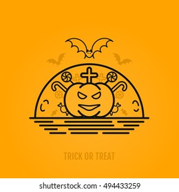 Happy halloween concepts with bats, moon, pumkin. cross and candies. Night party design for banner, graphics, wallpaper, page background, invitation. Trick or Treat. Vector Illustration 31 october