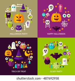 Happy Halloween Concepts Set. Flat Design Vector Illustration. Collection of Trick or Treat Posters.
