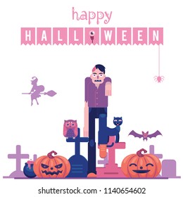 Happy halloween congratulation banner with zombie with hole in skull walking on graveyard with tombs and carved pumpkins isolated on white background in flat vector illustration.