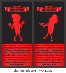 Happy Halloween congratulation poster with monsters on dark background. Vector illustration with silhouettes of zombies for scary festival banner
