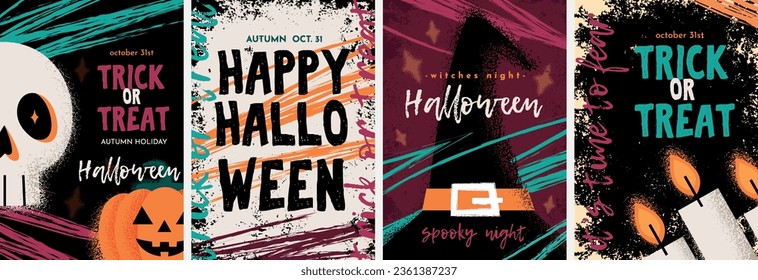 Happy Halloween. Congratulation posters with skull, pumpkin, candles and a witch's hat in flat style with grunge effect. Vector illustration.Set of posters, postcards or sheets for design.