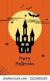 Happy Halloween Congratulation, Vector Set Moon, Bat, Cobweb, Spider, For Screen Or Print Design, Article Preview, Model Flyer, Greeting Post Card