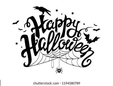 Happy Halloween - congratulatory calligraphic inscription with signs and symbols of the holiday