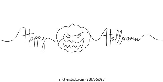 Happy Halloween continuous one line drawing background. Pumpkins with scary smiling face. Vector illustration for design poster, banner, flyer.