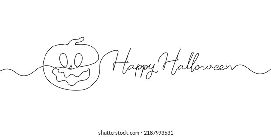Happy Halloween continuous one line drawing background. Pumpkins with scary smiling face. Vector illustration for design poster, banner, flyer.
