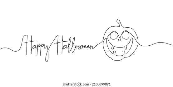 Feliz Halloween contínuo fondo de dibujo de una línea. Calabazas con la cara aterradora sonriente. Ilustración vectorial para afiche de diseño, pancarta, volante.