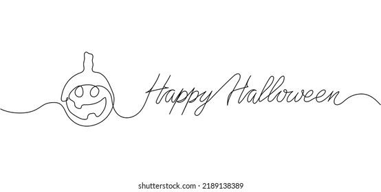 Happy Halloween continuous one line drawing background. Pumpkins with scary smiling face. Vector illustration for design poster, banner, flyer.