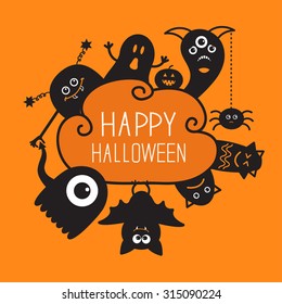 Happy Halloween contour doodle. Ghost, bat, pumpkin, spider, monster set. Silhouette Cloud frame. Orange background Flat design Vector illustration