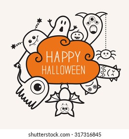 Happy Halloween contour outline doodle. Ghost, bat, pumpkin, spider, monster set. Orange cloud. White background Flat design Vector illustration