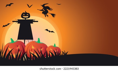 happy halloween copy space vector illustration with spooky scarecrow, bats, scary witch and pumpkins