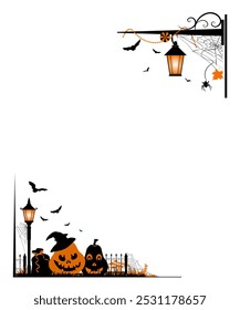 Happy Halloween. Corner frame with black and orange halloween scary objects. Vector illustration.