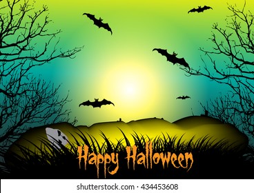 Happy Halloween with corpse,dead tree,bats and full moon .vector background