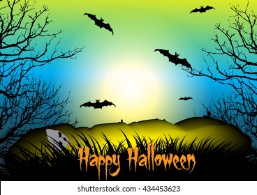 Happy Halloween with corpse,dead tree,bats and full moon .vector background